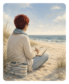 Eine Frau sitzt am Strand und schreibt in ein Buch