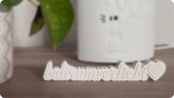 Aus Raysin gegossener Schriftzug baltrumverliebt, im Hintergrund eine Lampe und Pflanze
